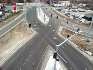 aerial of diverging diamond road intersection