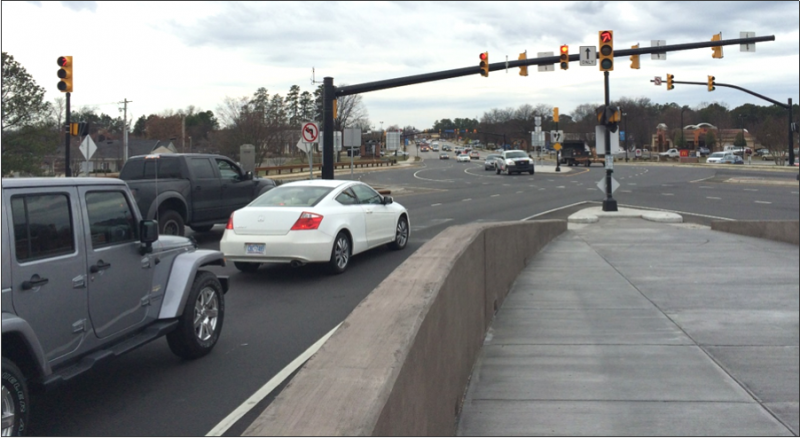 Traffic stopped at a diverging diamond interchange (DDI) in Cornelius, NC