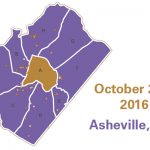 A brown and purple map of Asheville, divided by counties with dots scattered in the purple sections. Text reads "October 2 - 5 2016 Asheville, NC"