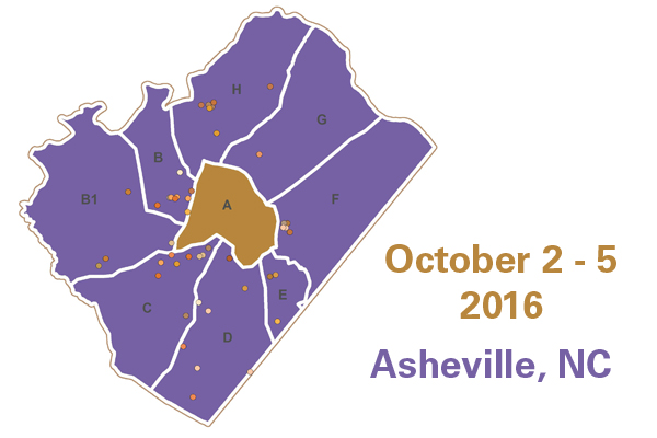 A brown and purple map of Asheville, divided by counties with dots scattered in the purple sections. Text reads "October 2 - 5 2016 Asheville, NC"