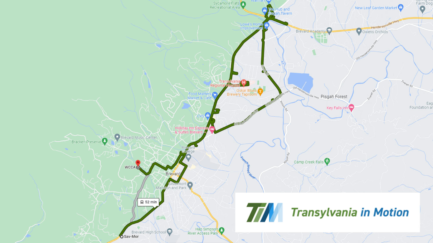 Map of Transylvania County transit route, with Transylvania in Motion logo