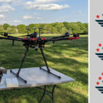 A small quadcopter and large hexacopter drone on a table, with a grass field and sunny sky behind. Overlaid are three AUVSI TOP training level logos.