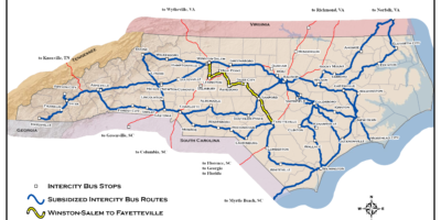 North Carolina Intercity Bus Service FY 23-24. Map of NC shows subsidized lines in blue, unsubsidized in red, and the new Winston-Salem to Fayetteville route highlighted in yellow.