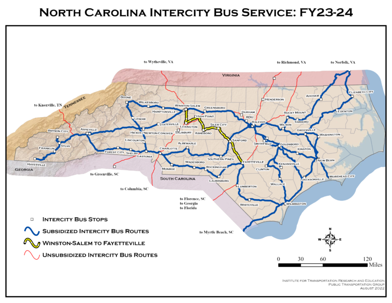 North Carolina Intercity Bus Service FY 23-24. Map of NC shows subsidized lines in blue, unsubsidized in red, and the new Winston-Salem to Fayetteville route highlighted in yellow.
