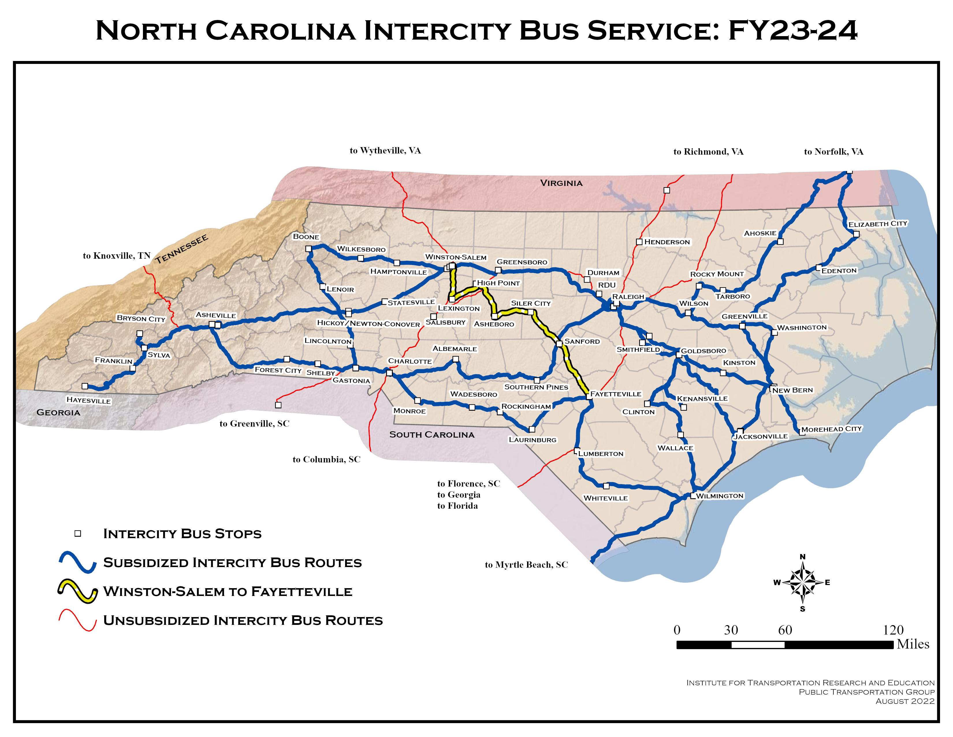 North Carolina Intercity Bus Service FY 23-24. Map of NC shows subsidized lines in blue, unsubsidized in red, and the new Winston-Salem to Fayetteville route highlighted in yellow.