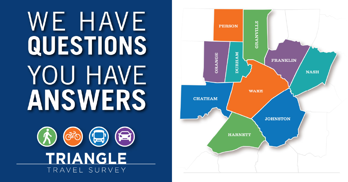 We have questions, you have answers. Triangle Travel Survey. Multicolor icons showing a person walking, bicycle, bus, and car. Map of Person, Granville, Orange, Durham, Chatham, Wake, Franklin, Nash, Harnett, and Johnston counties.