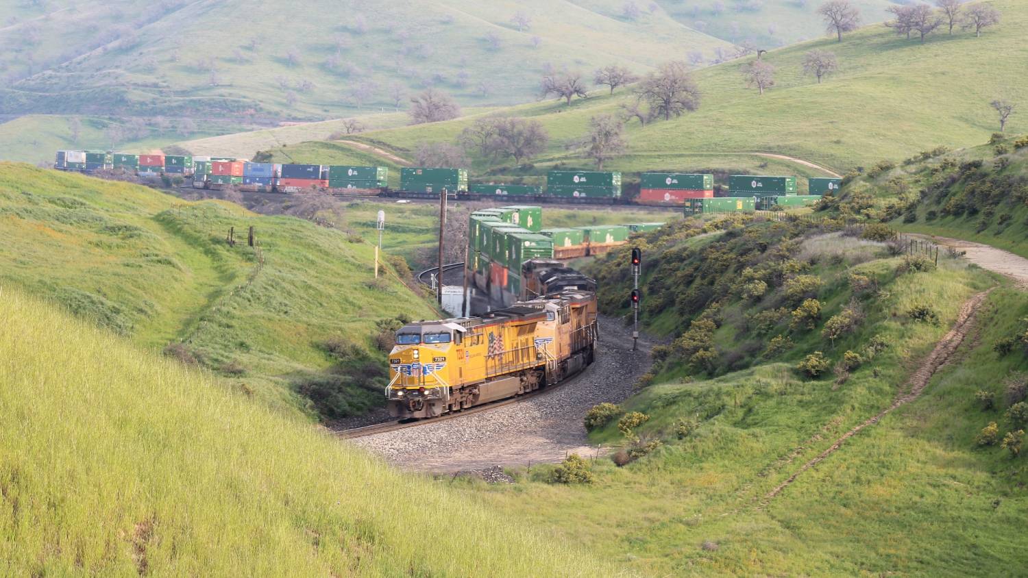 A freight train, led by several yellow Union Pacific locomotives, hauling shipping containers on a rail line winding through rolling green hills